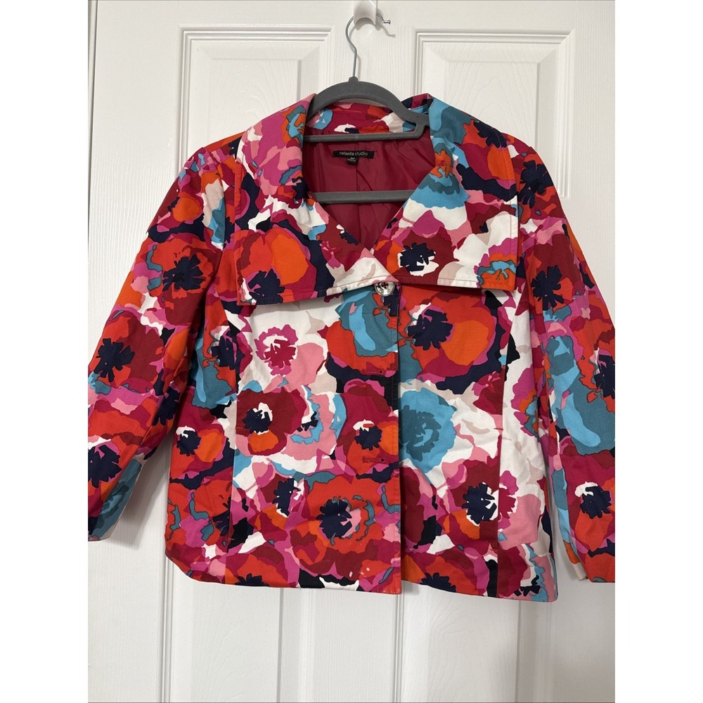 Rafaella Floral Multicolor Cropped Jacket - Red, Pink, Teal, Navy